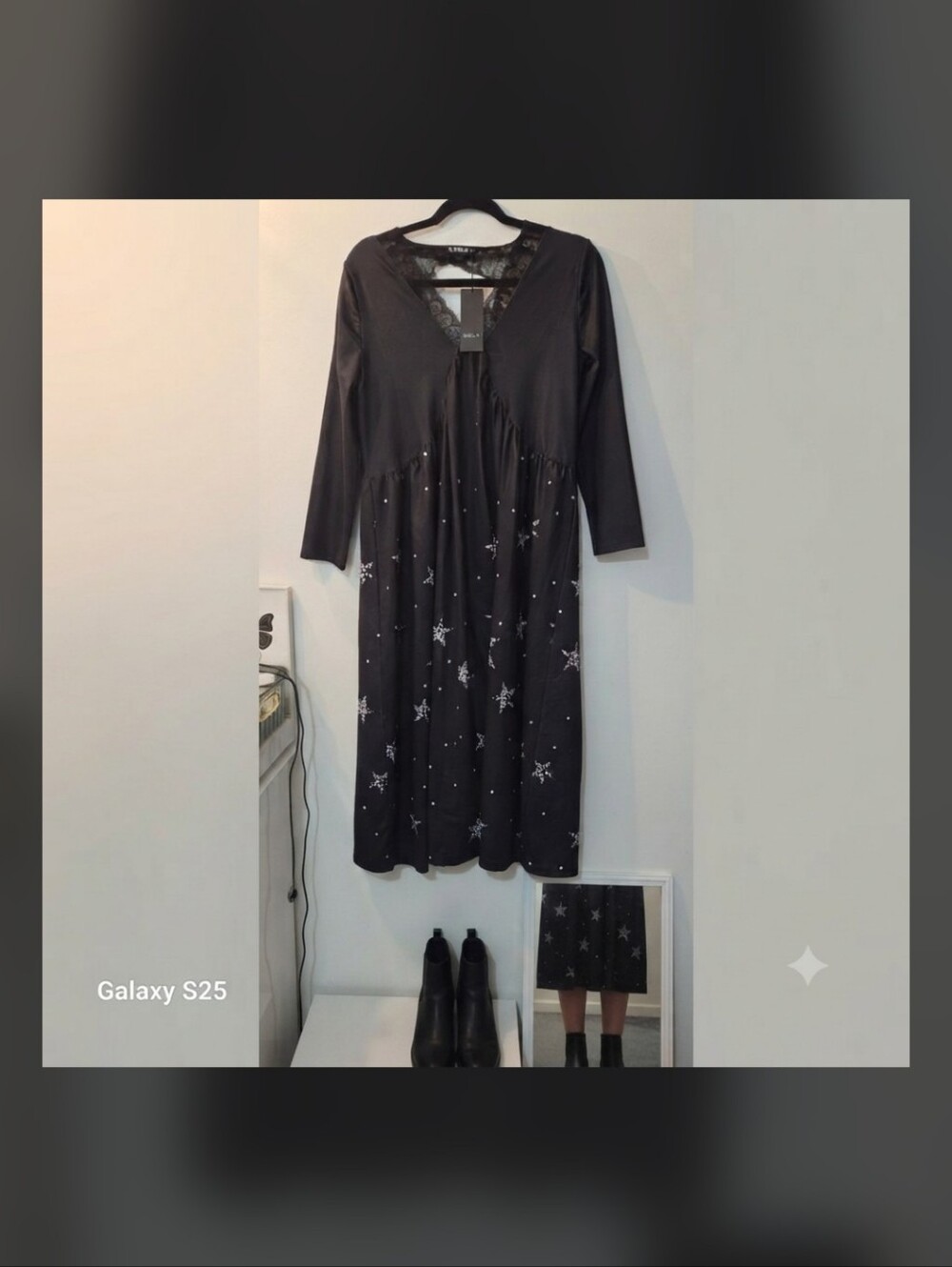 SHEILAY Black Long Sleeve Midi Dress White Stars Size US M. Lace Back - Picture 2 of 12